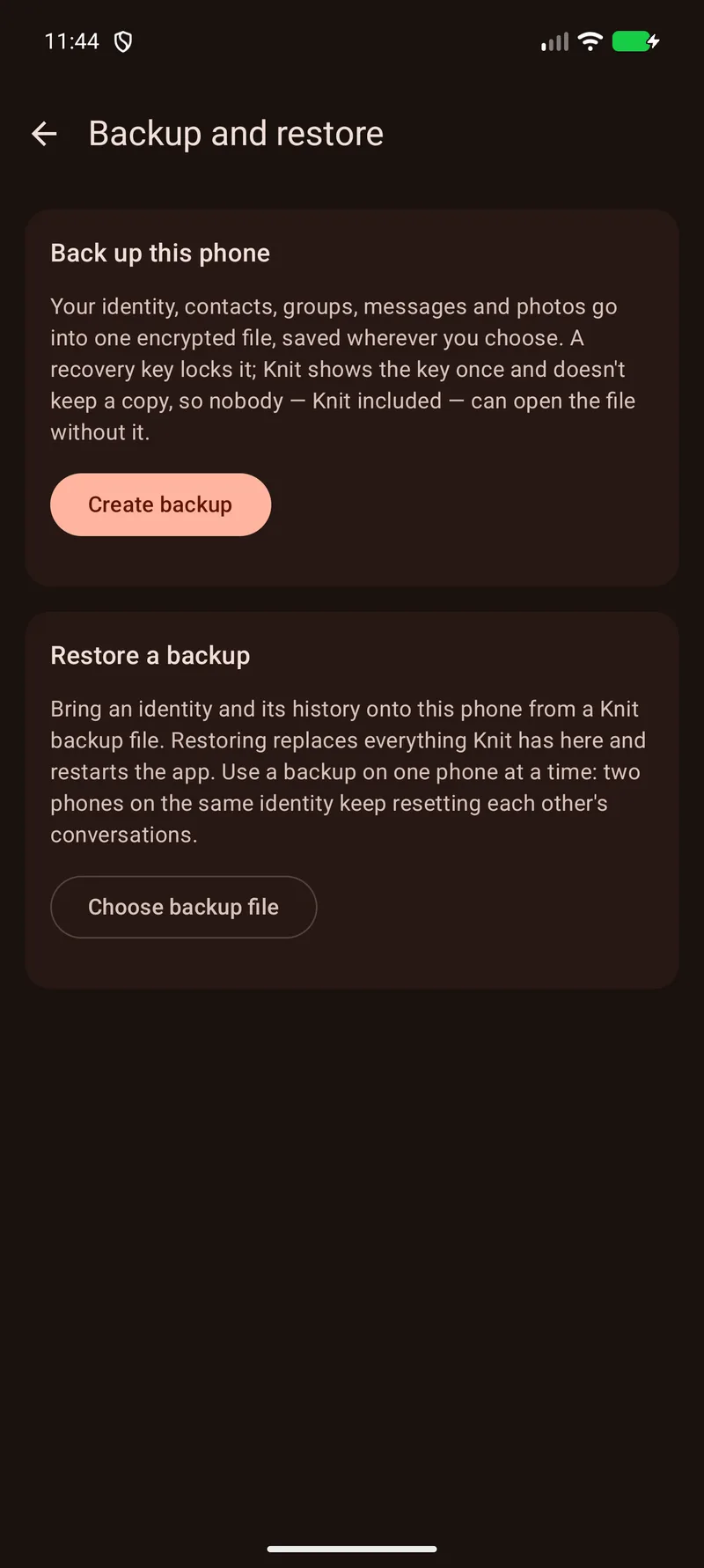 Knit's Backup and restore screen, with a Create backup button under Back up this phone and a Choose backup file button under Restore a backup.
