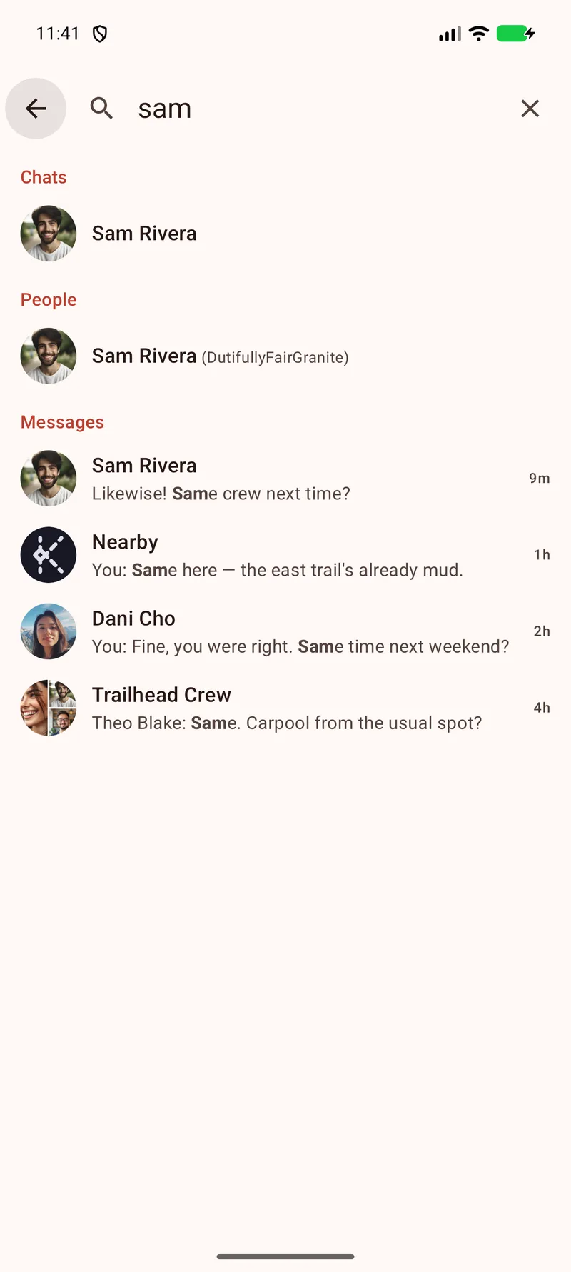 Knit search results for "sam": Sam Rivera's chat, Sam Rivera under People with the alias DutifullyFairGranite, and matching messages from two direct chats, the Nearby room and the Trailhead Crew group.