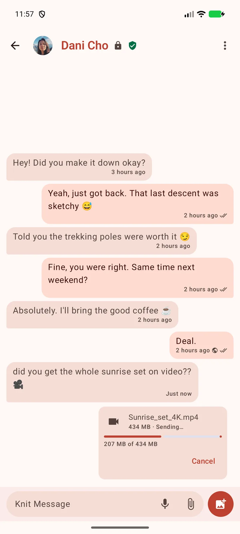 A verified Knit direct message with Dani Cho, sending Sunrise_set_4K.mp4 with Direct file send: a progress bar about halfway through the 434 MB file, and a Cancel button.